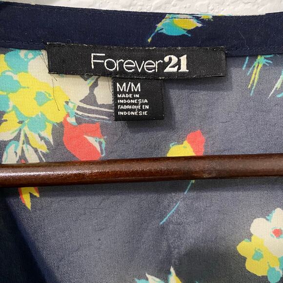 Vtg Forever 21 Blouse Top Womens Size M Sheer Floral Navy Flutter Sleeve Peplum - Picture 4 of 9